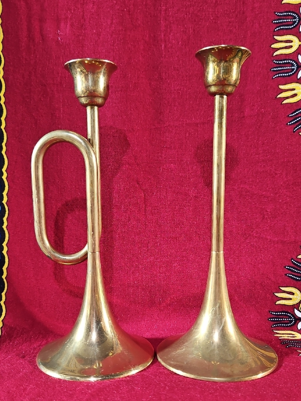 Vintage Mid-Century Modern Solid Heavy Brass Horn Candlestick Holders by Balos